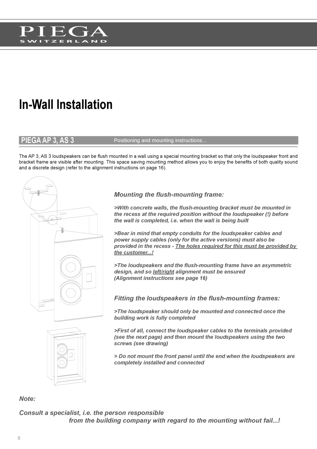 Piega AP 3 In-Wall Installation, Mounting the flush-mounting frame, Fitting the loudspeakers in the flush-mounting frames 