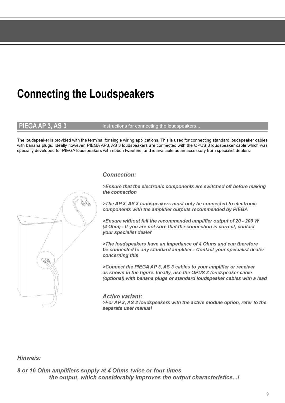 Piega AP 3 user manual Connecting the Loudspeakers, Connection, Instructions for connecting the loudspeakers 