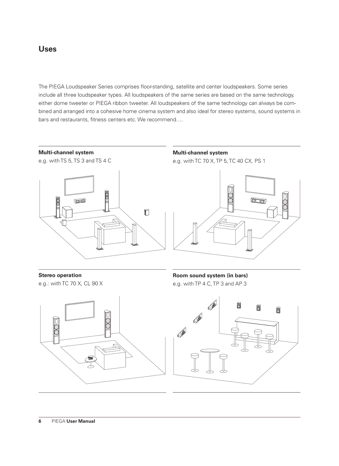 Piega Loudspeaker user manual Uses, Multi-channel system With TS 5, TS 3 and TS 4 C, Stereo operation, With TC 70 X, CL 90 