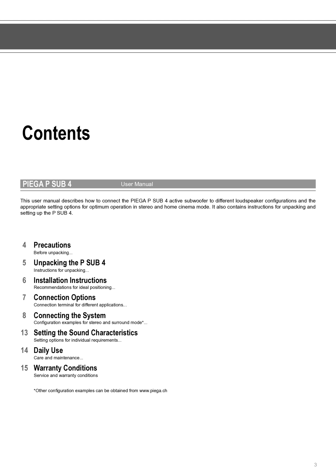 Piega P Sub 4 user manual Contents 