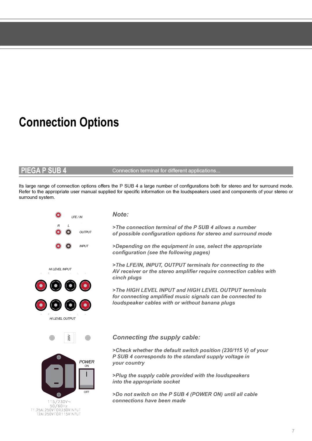 Piega P Sub 4 user manual Connection Options, Connecting the supply cable, Connection terminal for different applications 