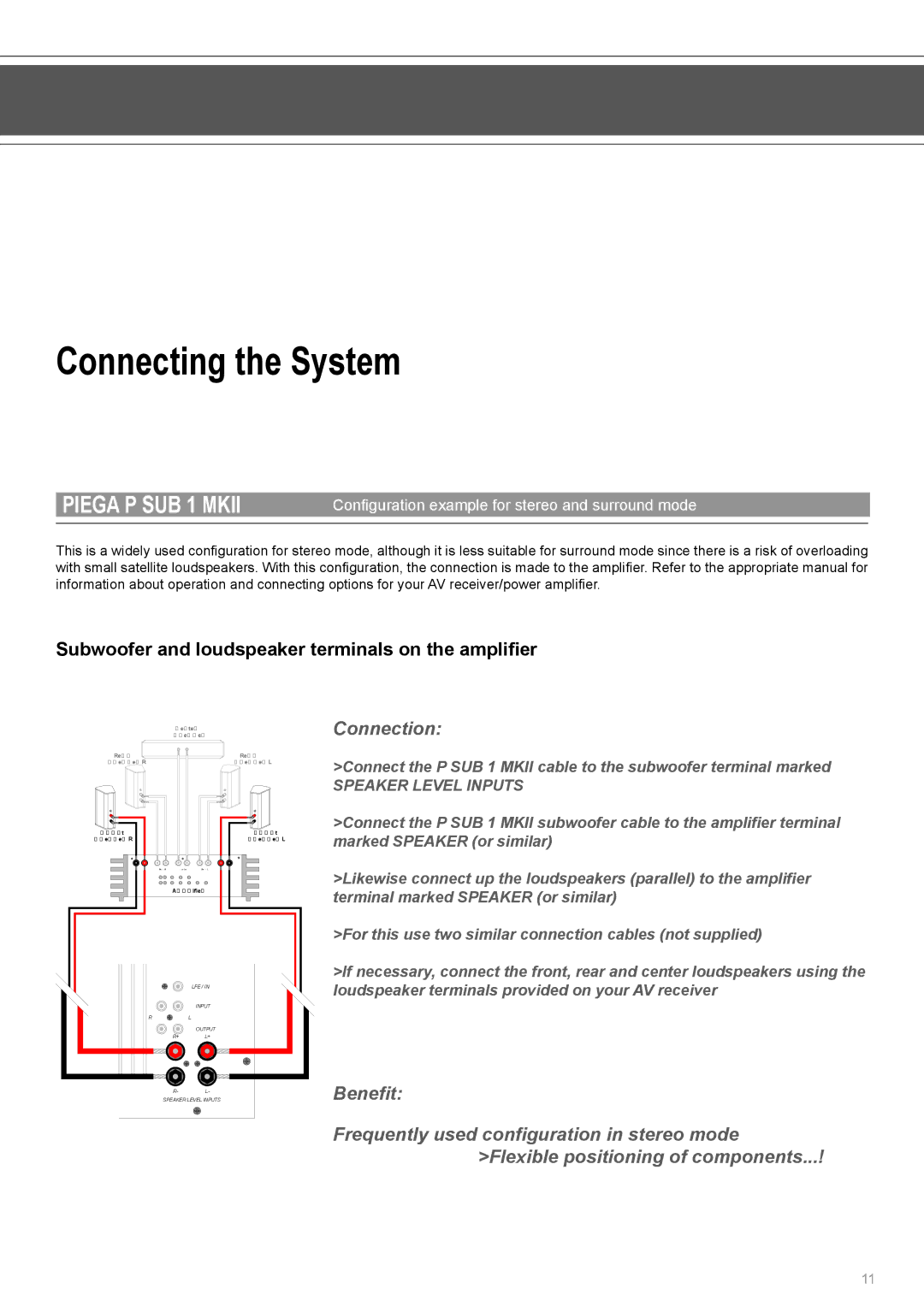 Piega SUB 1 MKII user manual Subwoofer and loudspeaker terminals on the amplifier 