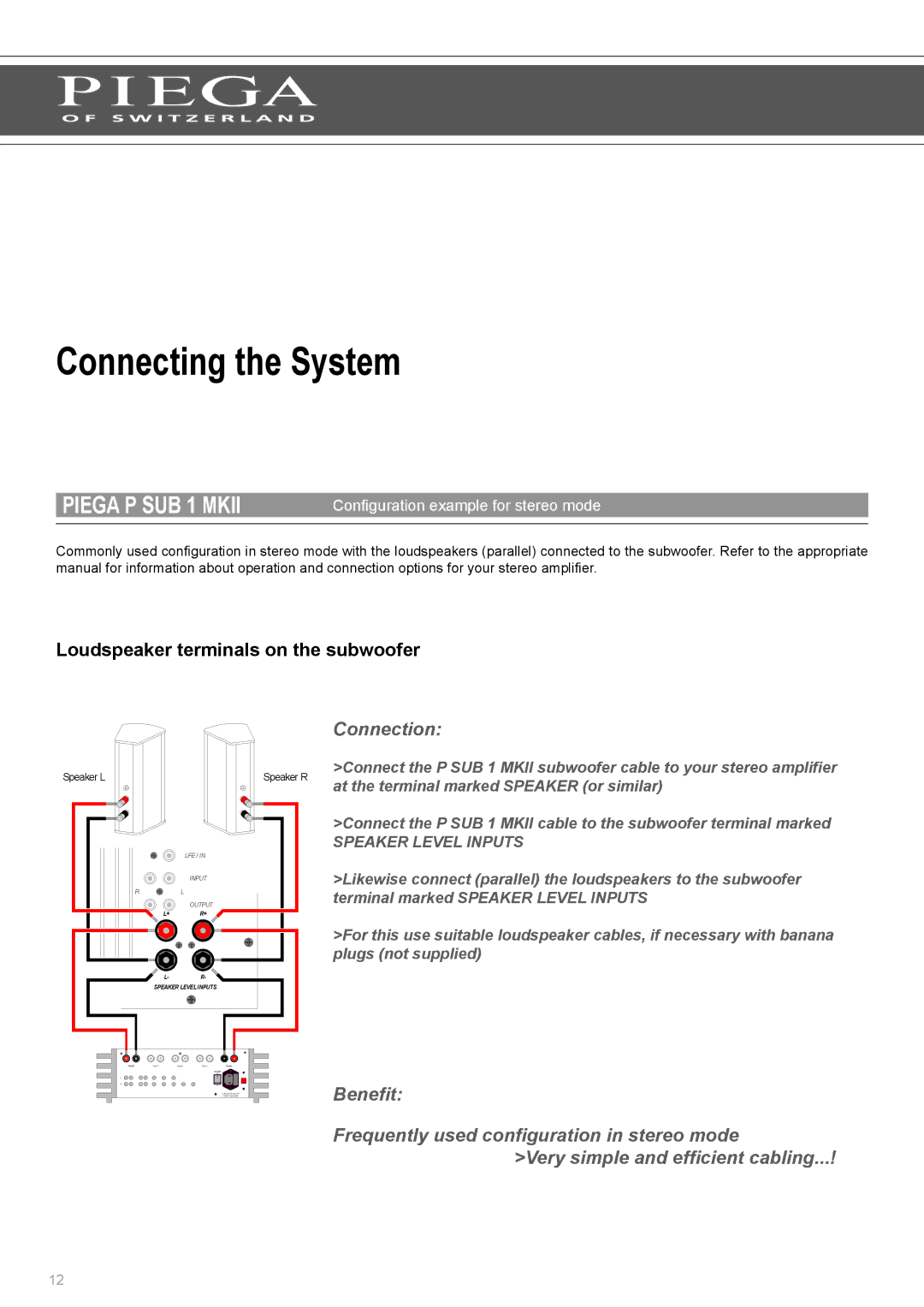 Piega SUB 1 MKII user manual Configuration example for stereo mode 