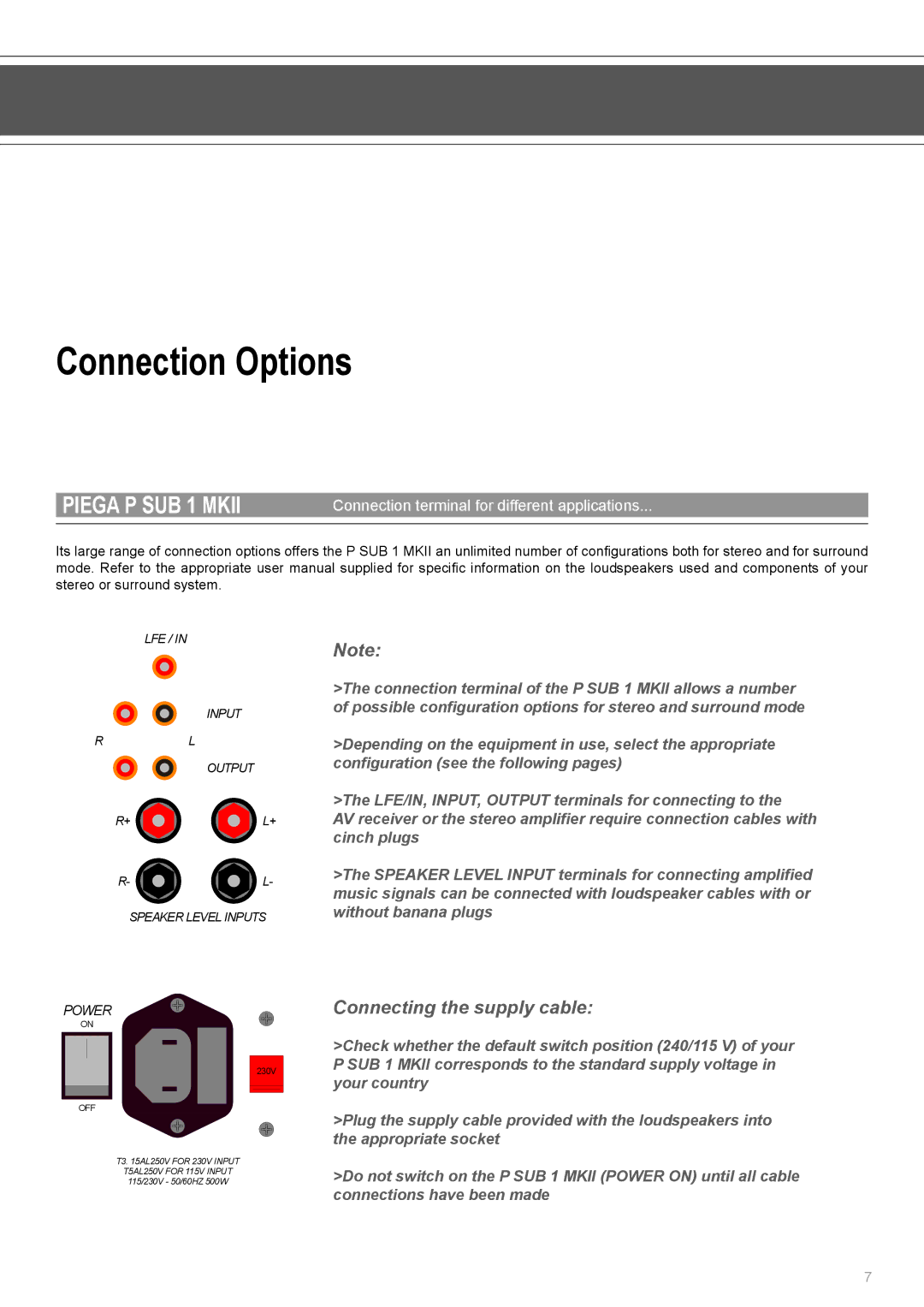 Piega SUB 1 MKII Connection Options, Connecting the supply cable, Connection terminal for different applications 