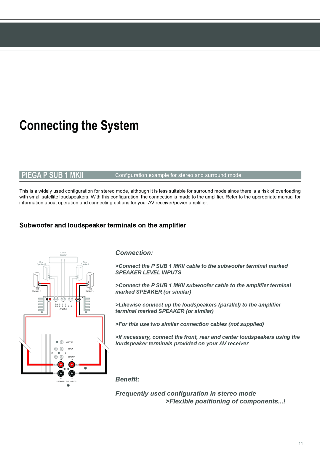 Piega user manual Connecting the System, PIEGA P SUB 1 MKII, Connection, Benefit 
