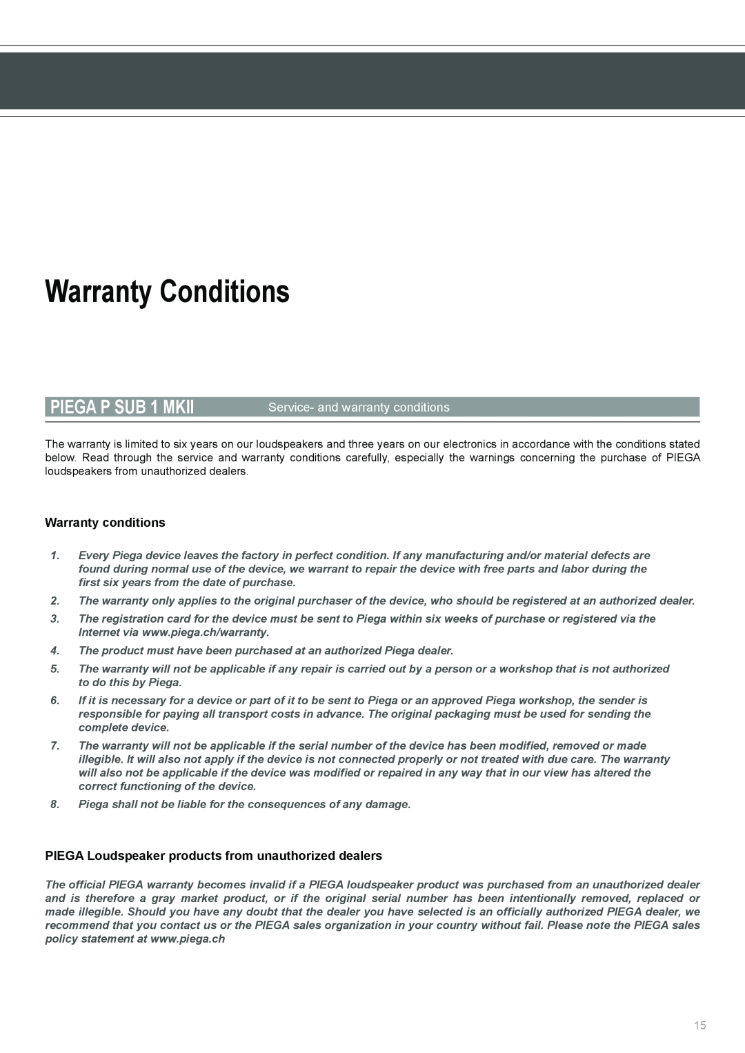 Piega user manual Warranty Conditions, Service- and warranty conditions, PIEGA P SUB 1 MKII, Warranty conditions 