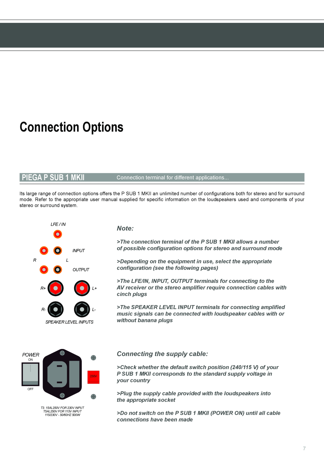 Piega SUB 1 MKII Connection Options, Connecting the supply cable, Connection terminal for different applications 
