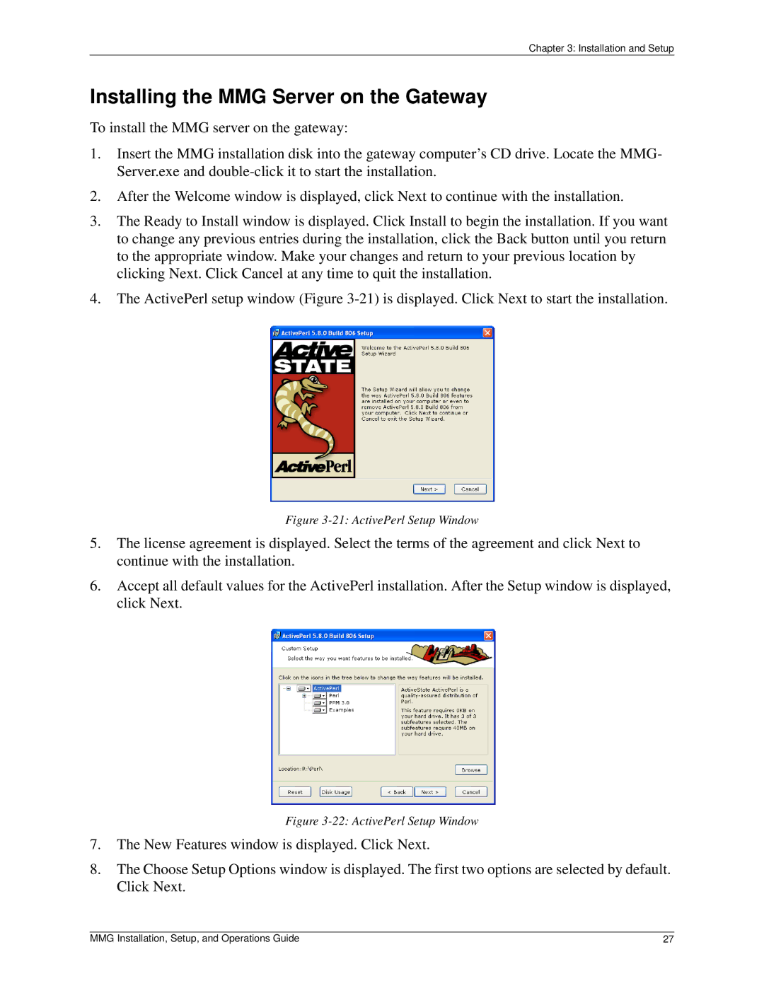 Pinnacle Design 37T100105 manual Installing the MMG Server on the Gateway, ActivePerl Setup Window 