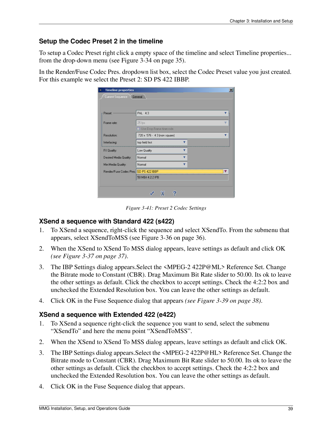 Pinnacle Design 37T100105 manual Setup the Codec Preset 2 in the timeline, XSend a sequence with Standard 422 s422 