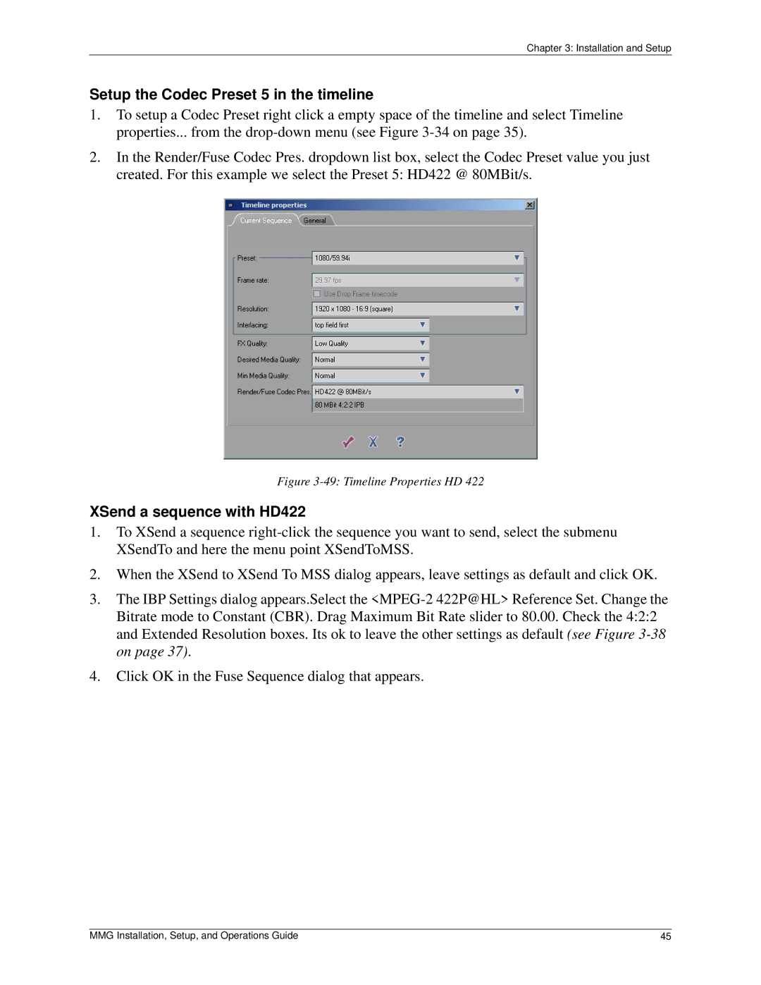 Pinnacle Design 37T100105 manual Setup the Codec Preset 5 in the timeline, XSend a sequence with HD422 