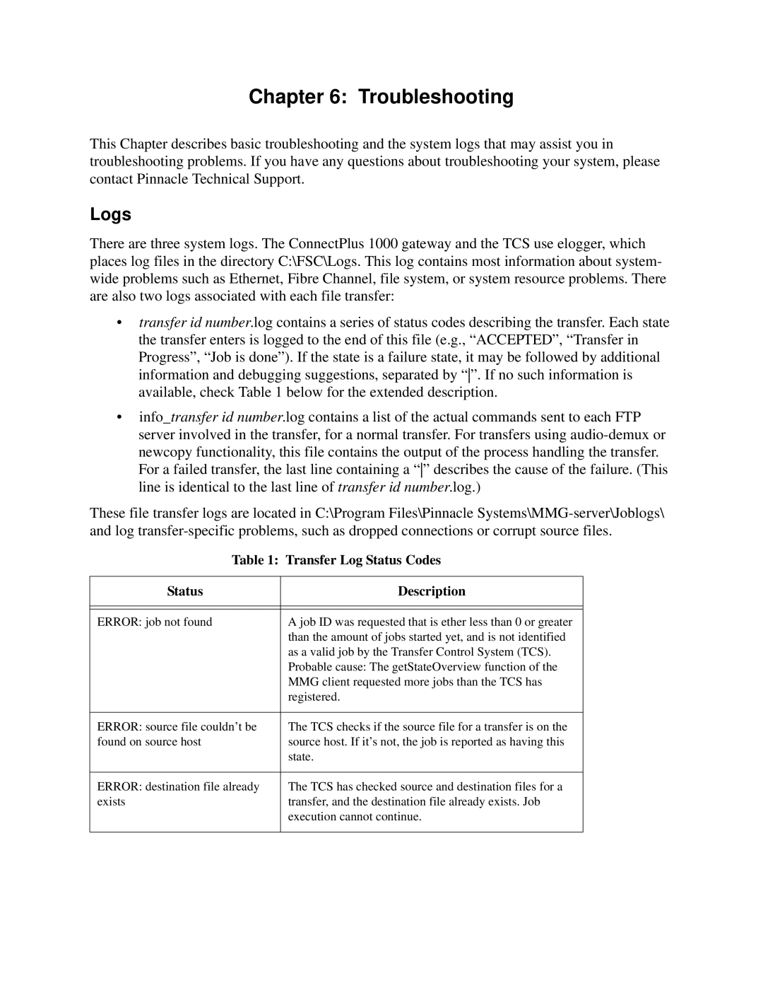 Pinnacle Design 37T100105 manual Troubleshooting, Logs 