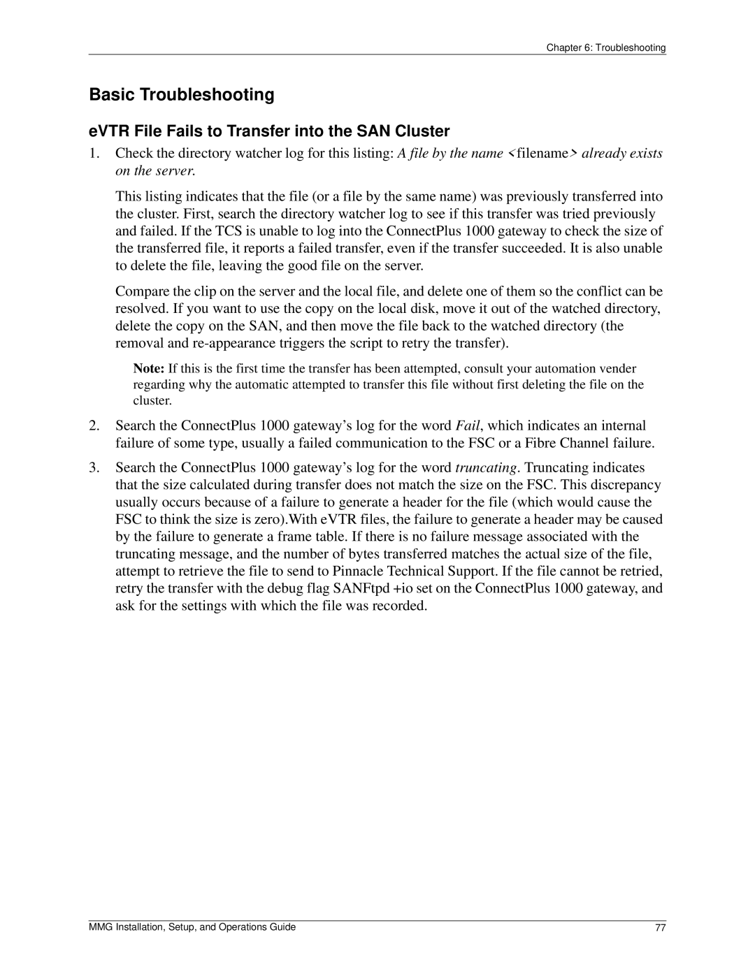 Pinnacle Design 37T100105 manual Basic Troubleshooting, EVTR File Fails to Transfer into the SAN Cluster 