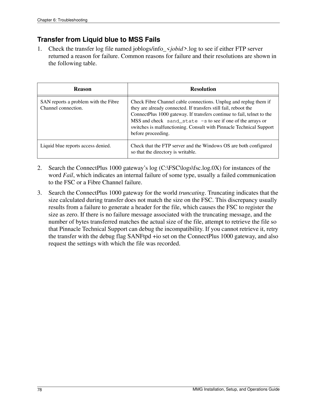 Pinnacle Design 37T100105 manual Transfer from Liquid blue to MSS Fails 