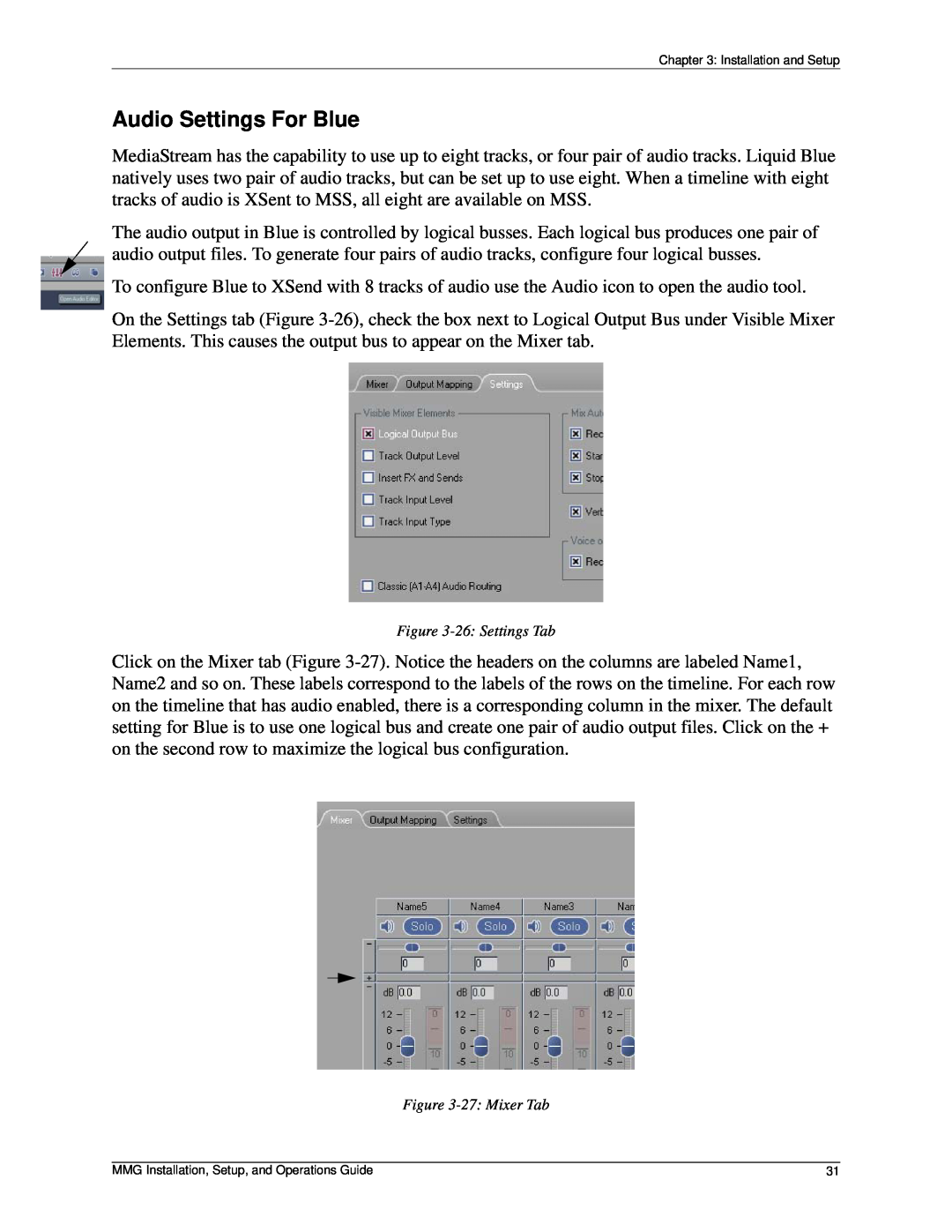 Pinnacle Design 37T100105 manual Audio Settings For Blue, 26 Settings Tab, 27 Mixer Tab 