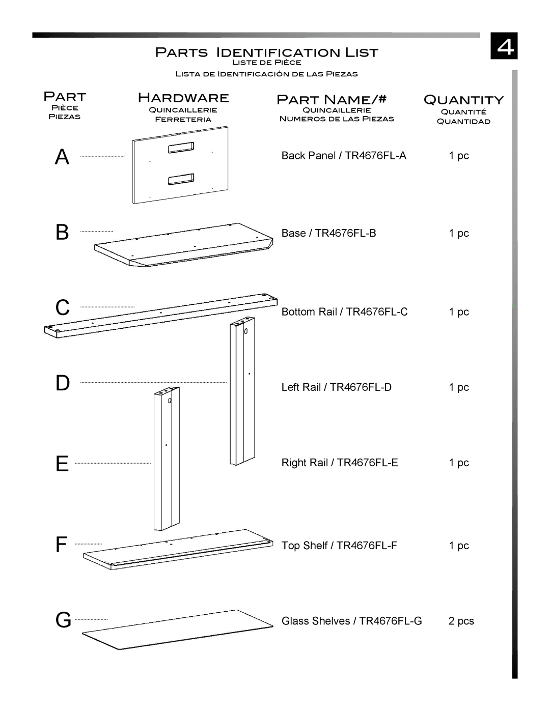 Pinnacle Design TR4676FL manual Part Hardware Part Name/# Quantity 