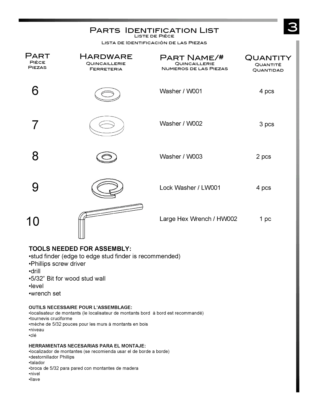 Pinnacle Design TR4676WA manual Hardware Part Name/#, Tools Needed for Assembly 