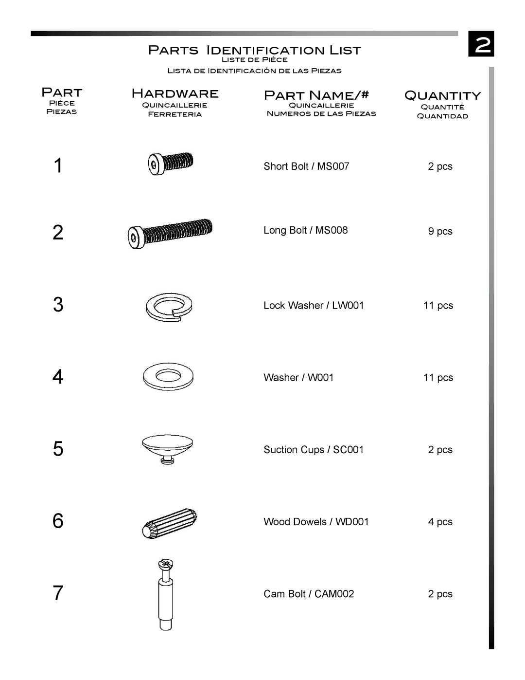 Pinnacle Design TR4676WA manual Parts Identification List, Hardware Part Name/#, Quantity 