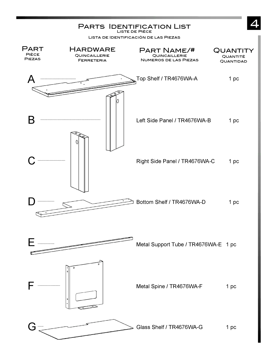 Pinnacle Design TR4676WA manual Part Hardware, Part Name/# Quantity 