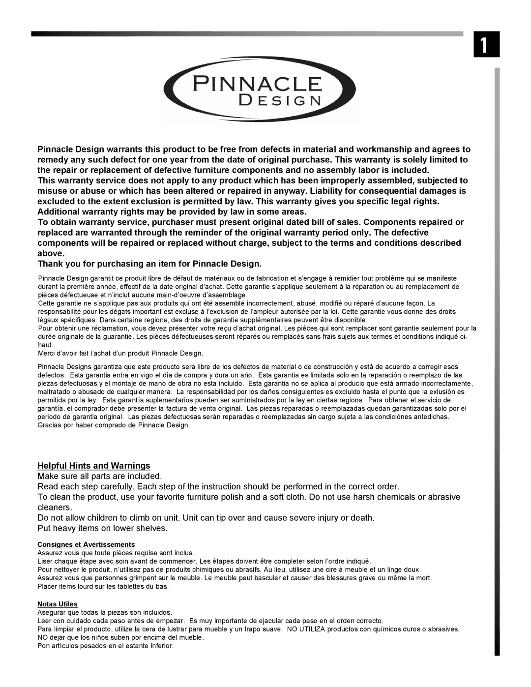 Pinnacle Design TR5000B manual Consignes et Avertissements, Notas Utiles 