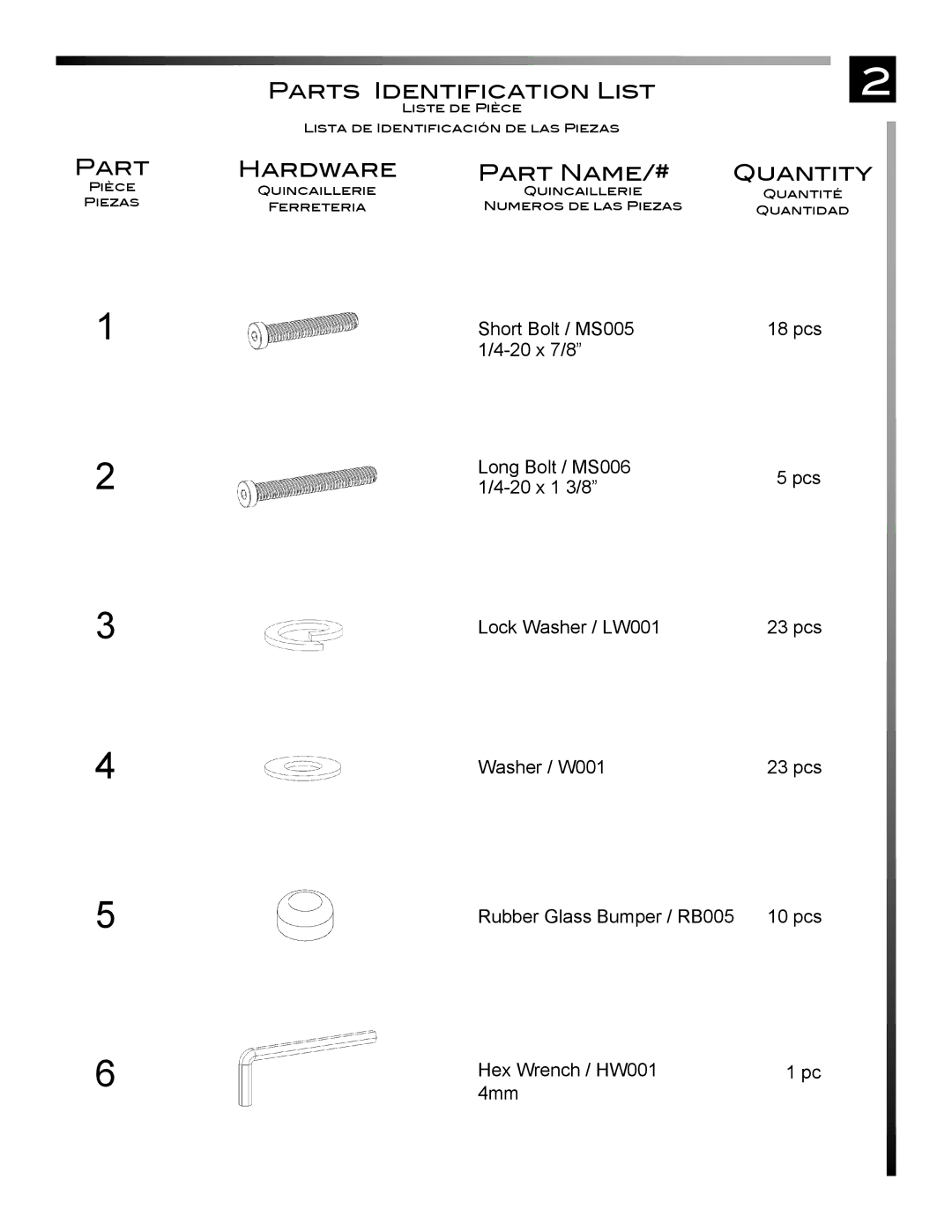 Pinnacle Design TR5000B manual Parts Identification List, Hardware Part Name/#, Quantity 