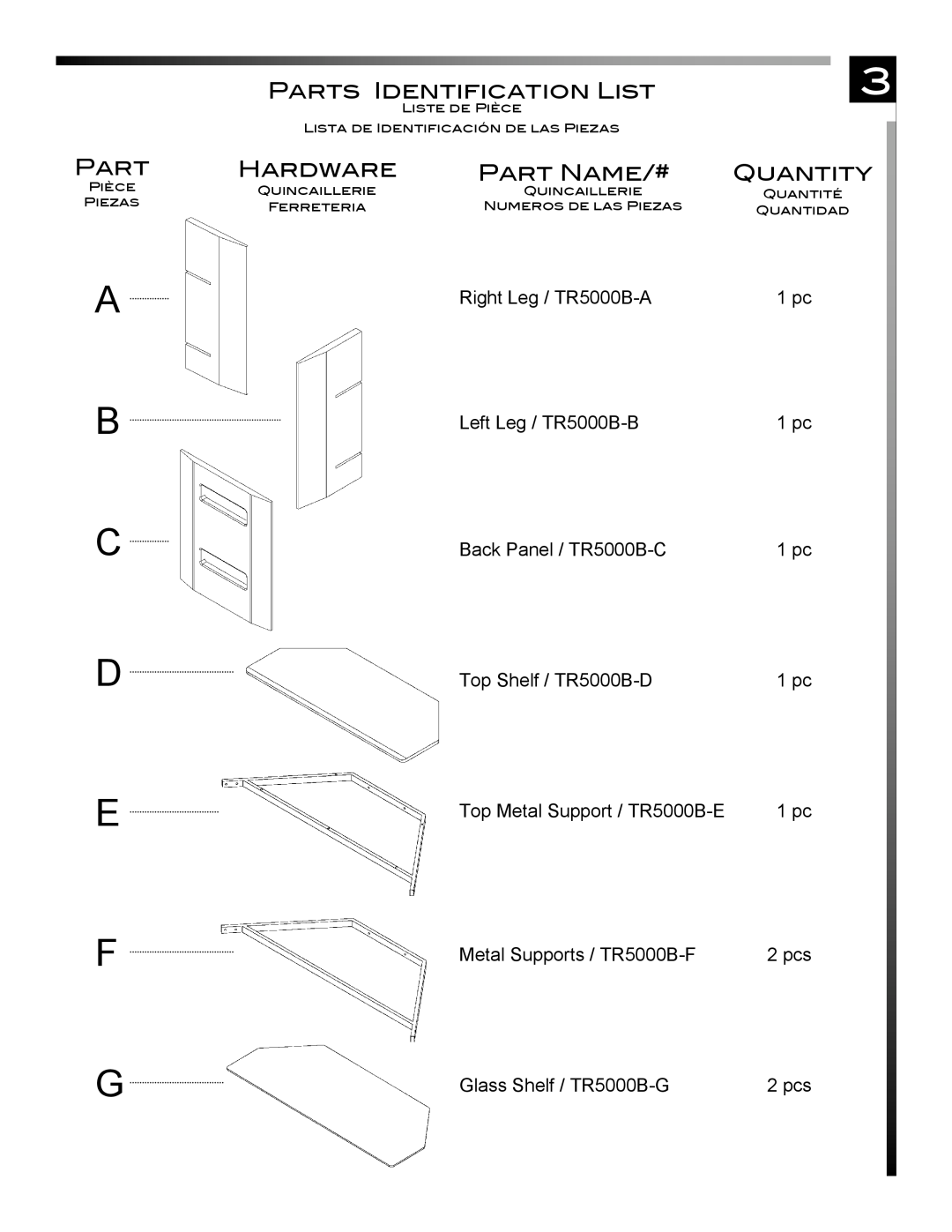 Pinnacle Design TR5000B manual A B C D E, Parts Identification List, Hardware, Part Name/#, Quantity 