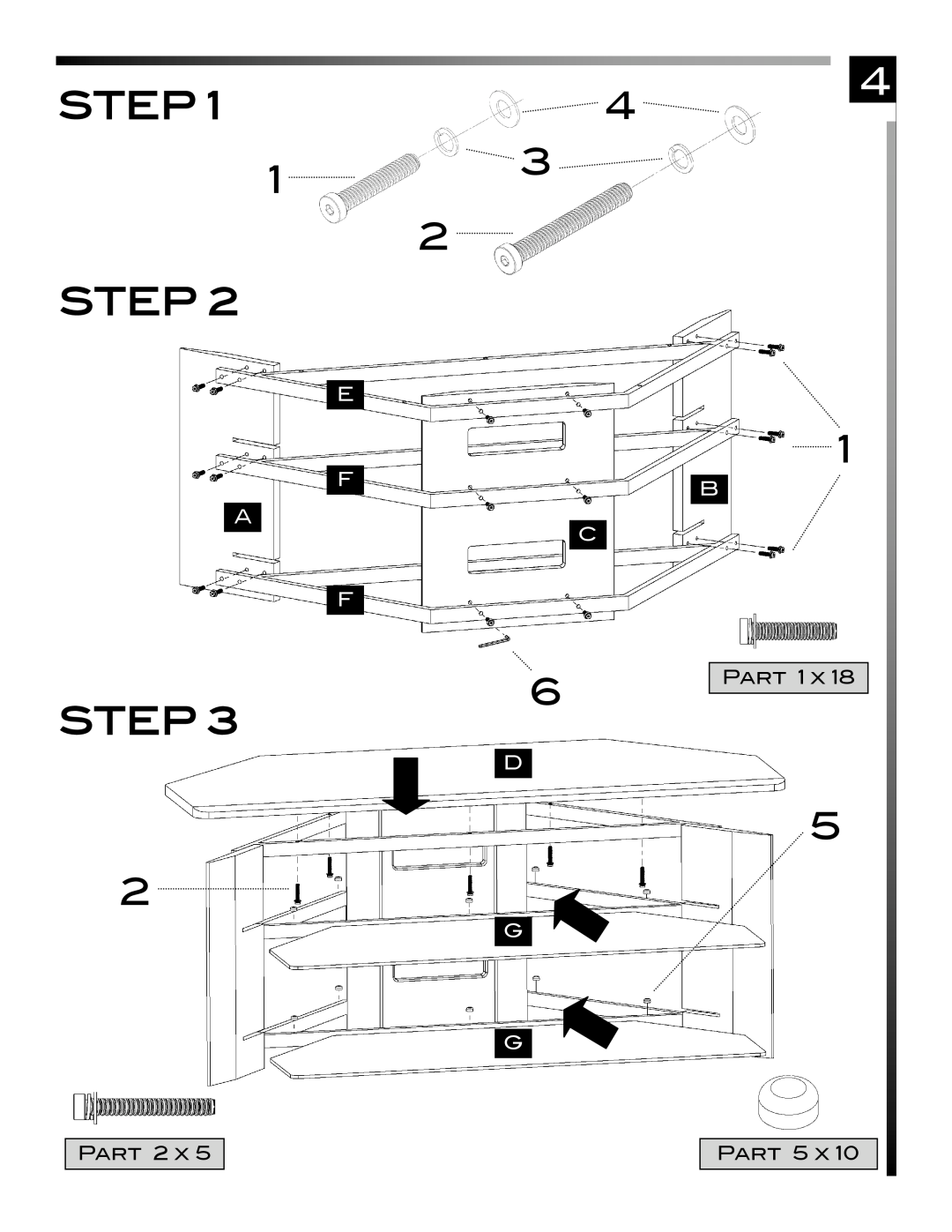 Pinnacle Design TR5000B manual Step, E F A C F, Part 1 x, Part 2 x, Part 5 x 