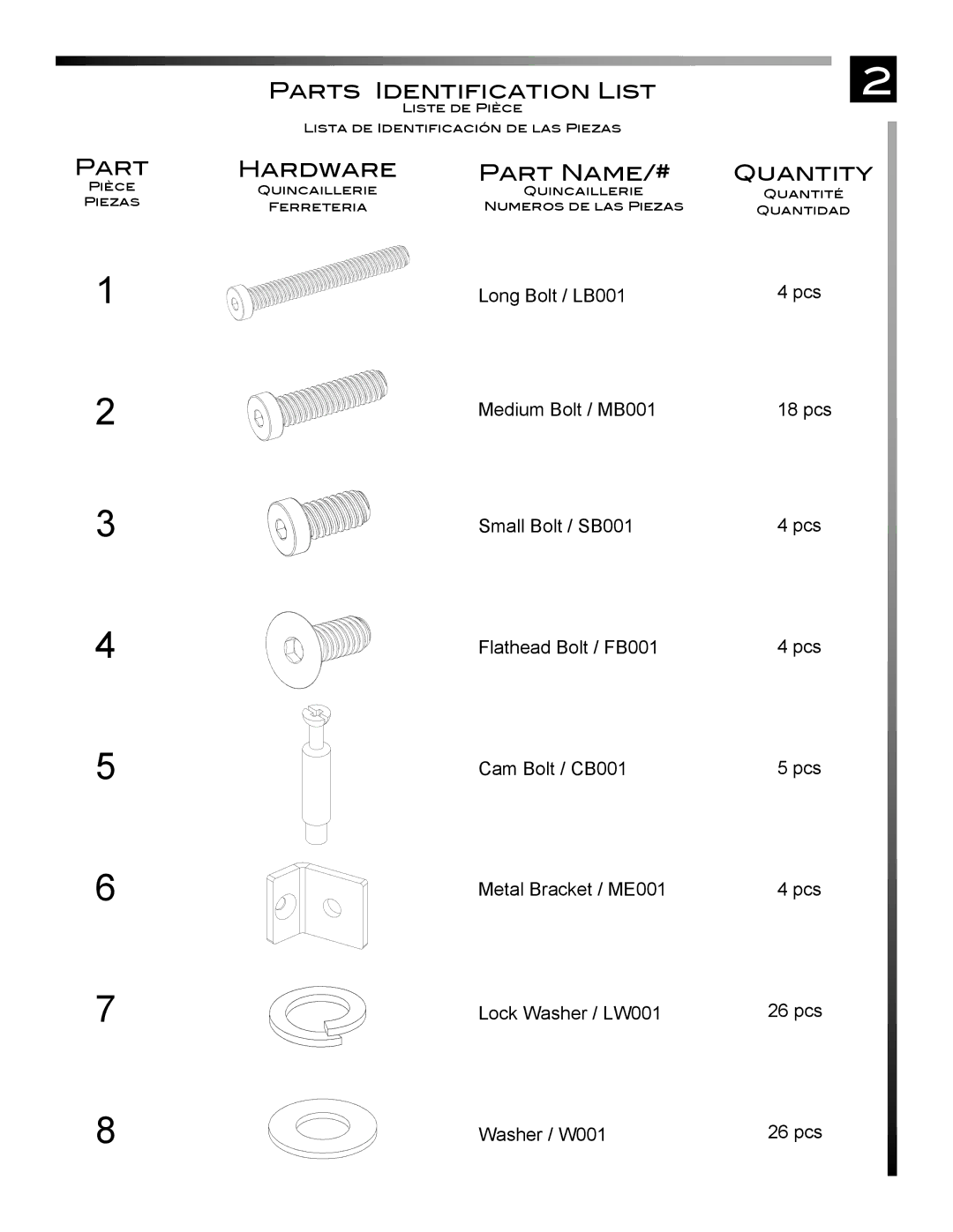 Pinnacle Design TR500X3B manual Parts Identification List, Hardware Part Name/#, Quantity 