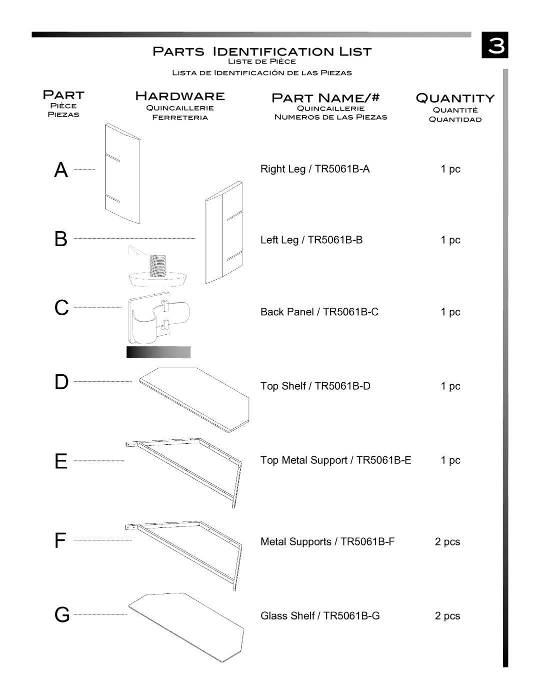 Pinnacle Design TR5061B manual Hardware, Part Name/# Quantity 