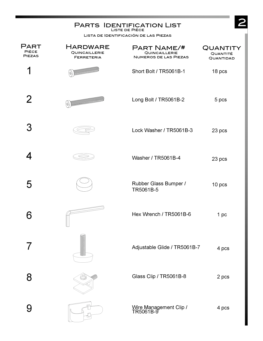 Pinnacle Design TR5061B manual Parts Identification List, Hardware, Part Name/#, Quantity 