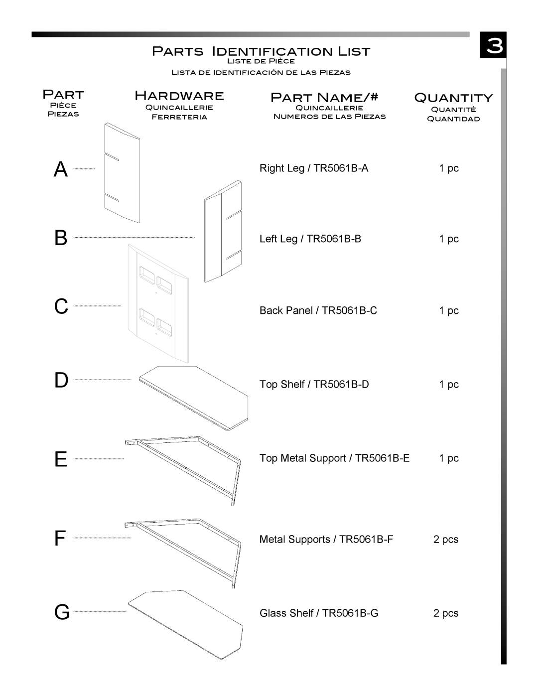 Pinnacle Design TR5061B manual A B C D E, Parts Identification List, Hardware, Part Name/#, Quantity 