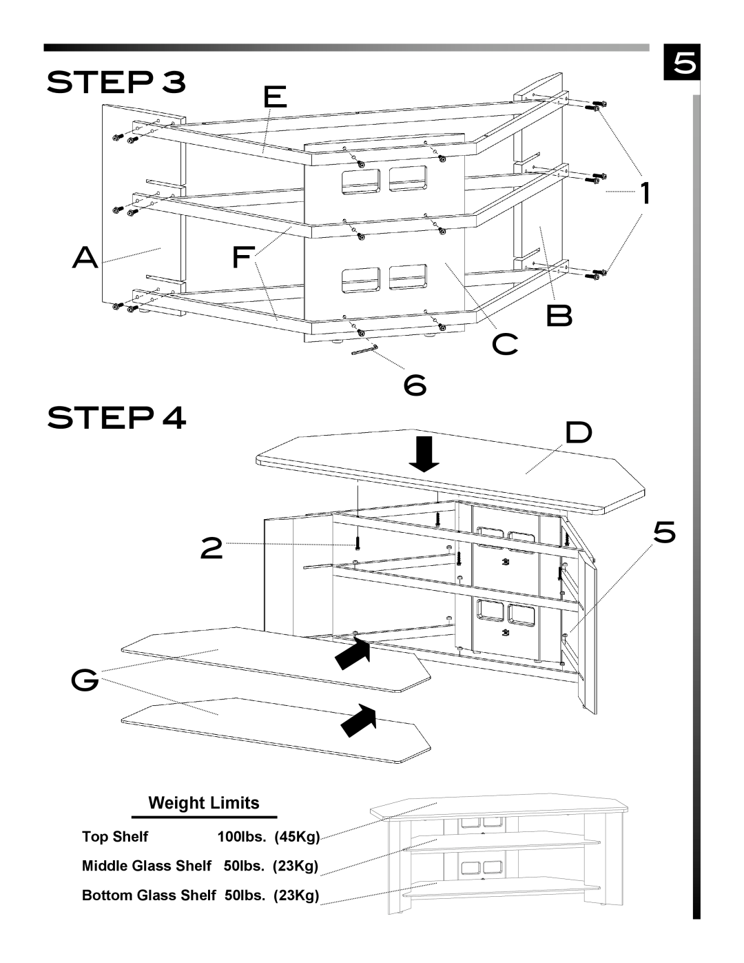 Pinnacle Design TR5061B manual Step, Weight Limits, Top Shelf, 100lbs. 45Kg 