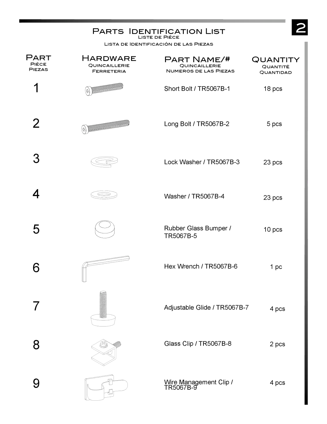 Pinnacle Design TR5067B manual Parts Identification List, Hardware Part Name/# Quantity 