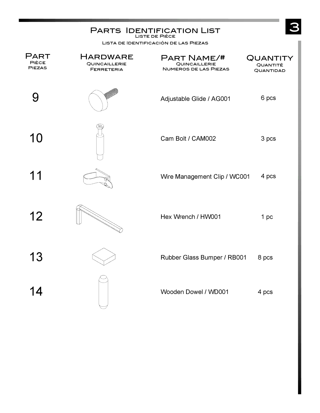 Pinnacle Design TR50X3B manual Hardware Part Name/# Quantity 