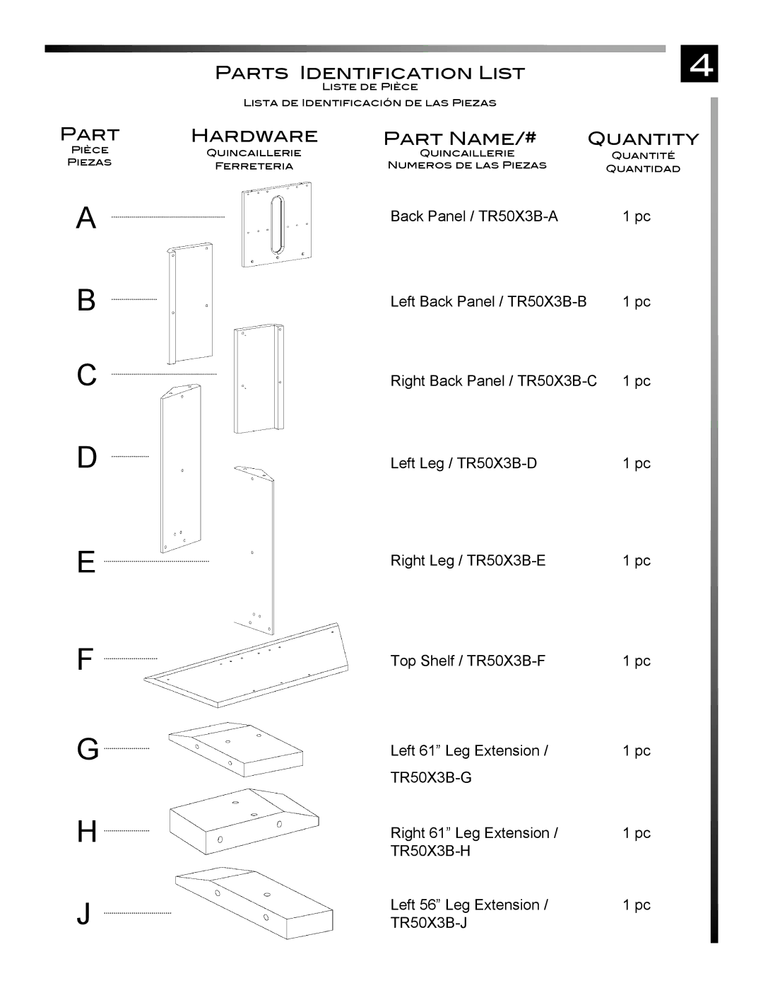 Pinnacle Design TR50X3B manual Part Hardware, Part Name/# Quantity 