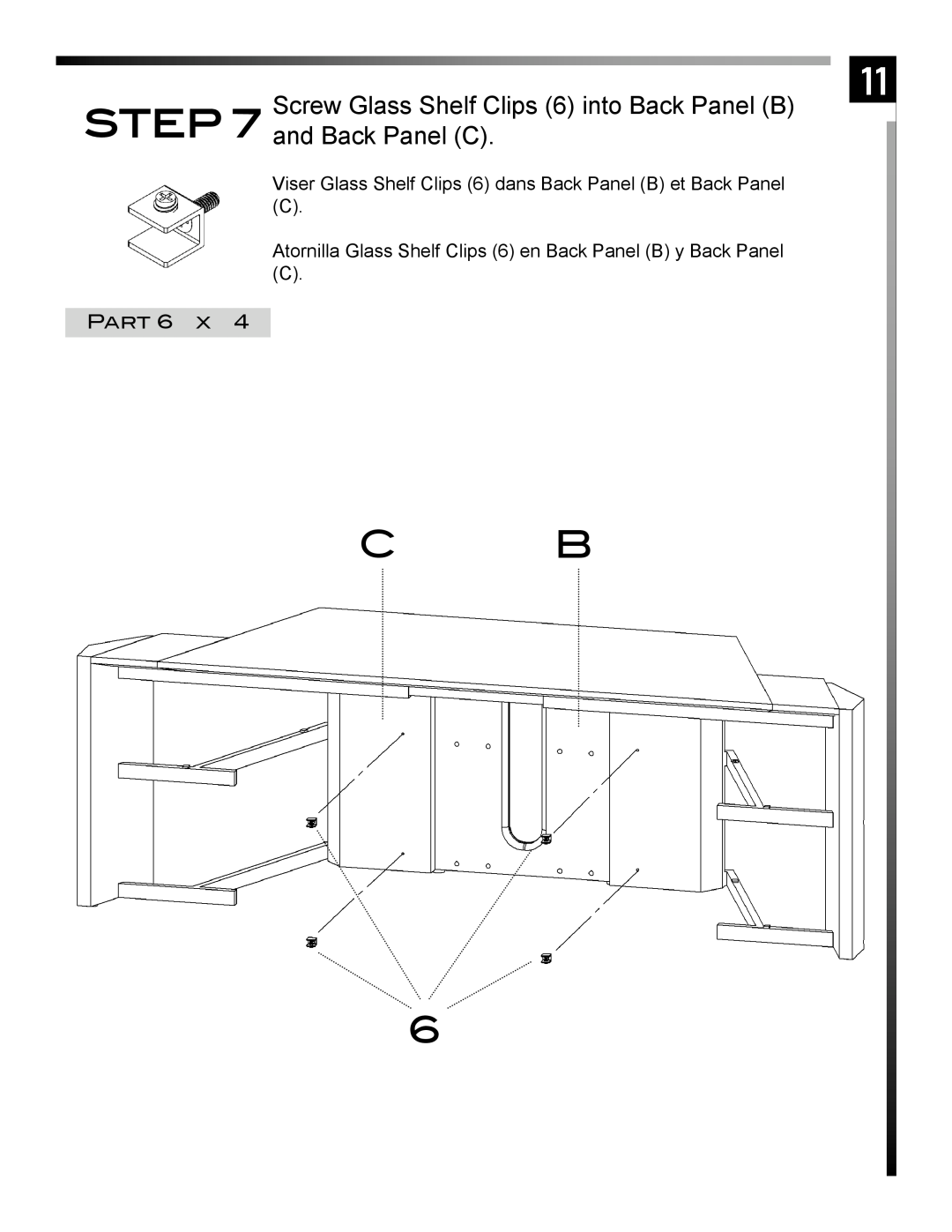 Pinnacle Design TR50X3B manual Screw Glass Shelf Clips 6 into Back Panel B and Back Panel C 