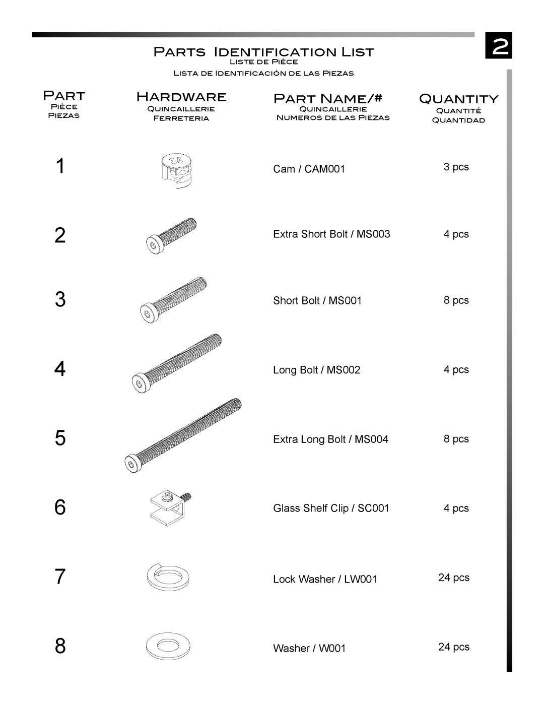 Pinnacle Design TR50X3B manual Parts Identification List, Hardware, Part Name/#, Quantity 