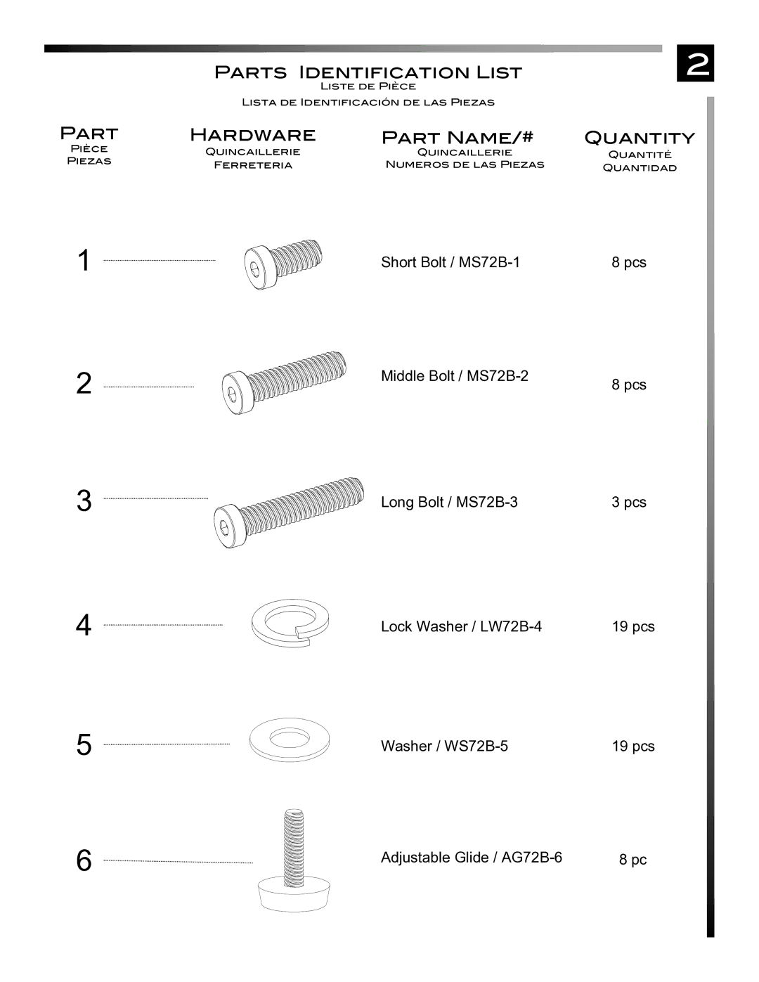 Pinnacle Design TR72B manual Parts Identification List, Hardware Part Name/#, Quantity 