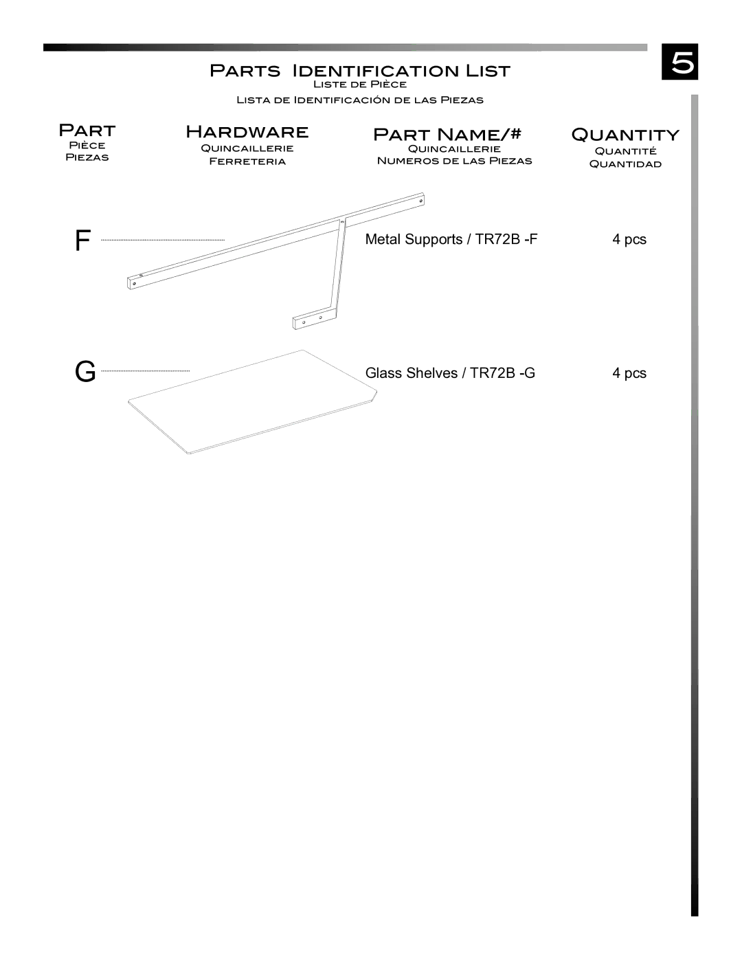 Pinnacle Design TR72B manual Part Hardware Part Name/# 