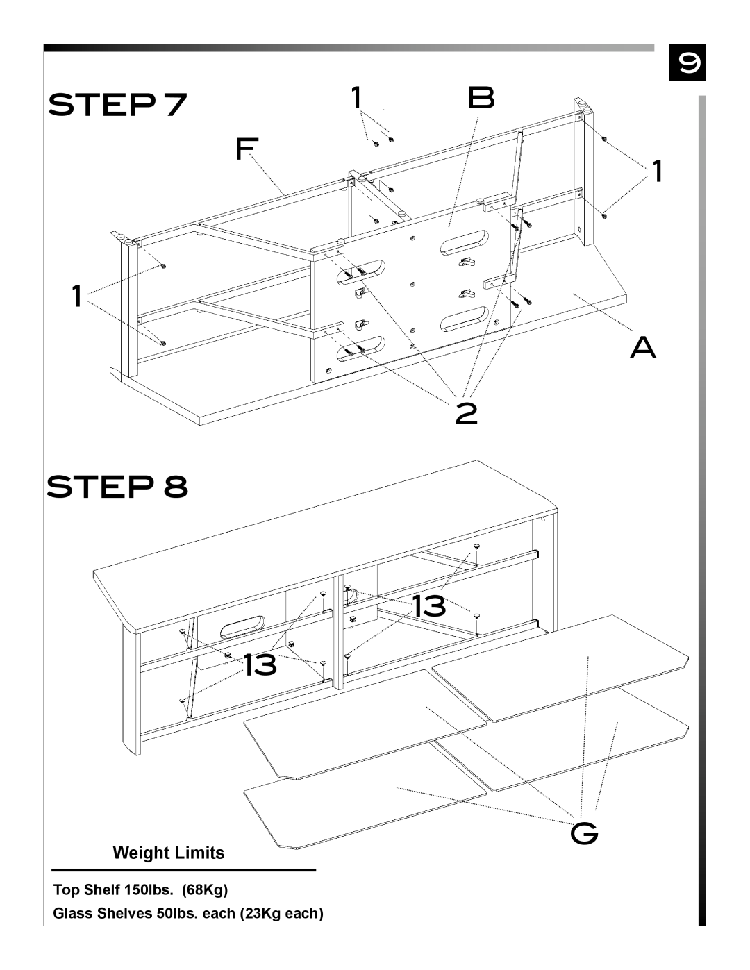 Pinnacle Design TR72B manual Step, Weight Limits, Top Shelf 150lbs. 68Kg Glass Shelves 50lbs. each 23Kg each 