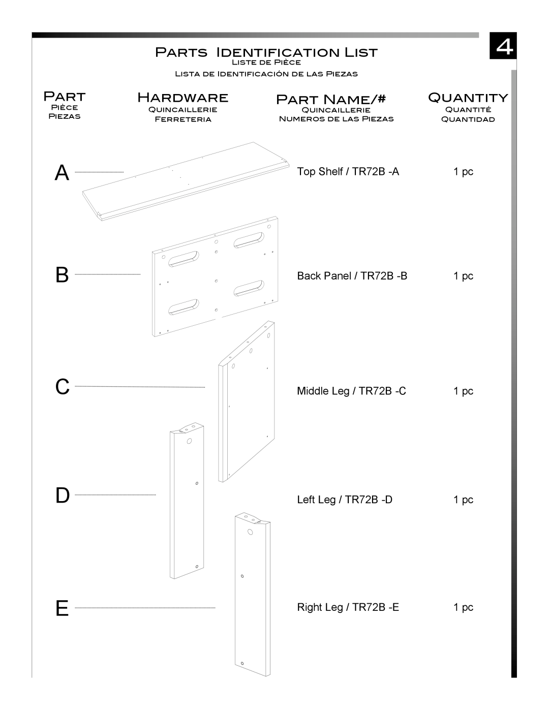 Pinnacle Design A B C D, Top Shelf / TR72B -A Back Panel / TR72B -B Middle Leg / TR72B -C, Left Leg / TR72B -D, Part 