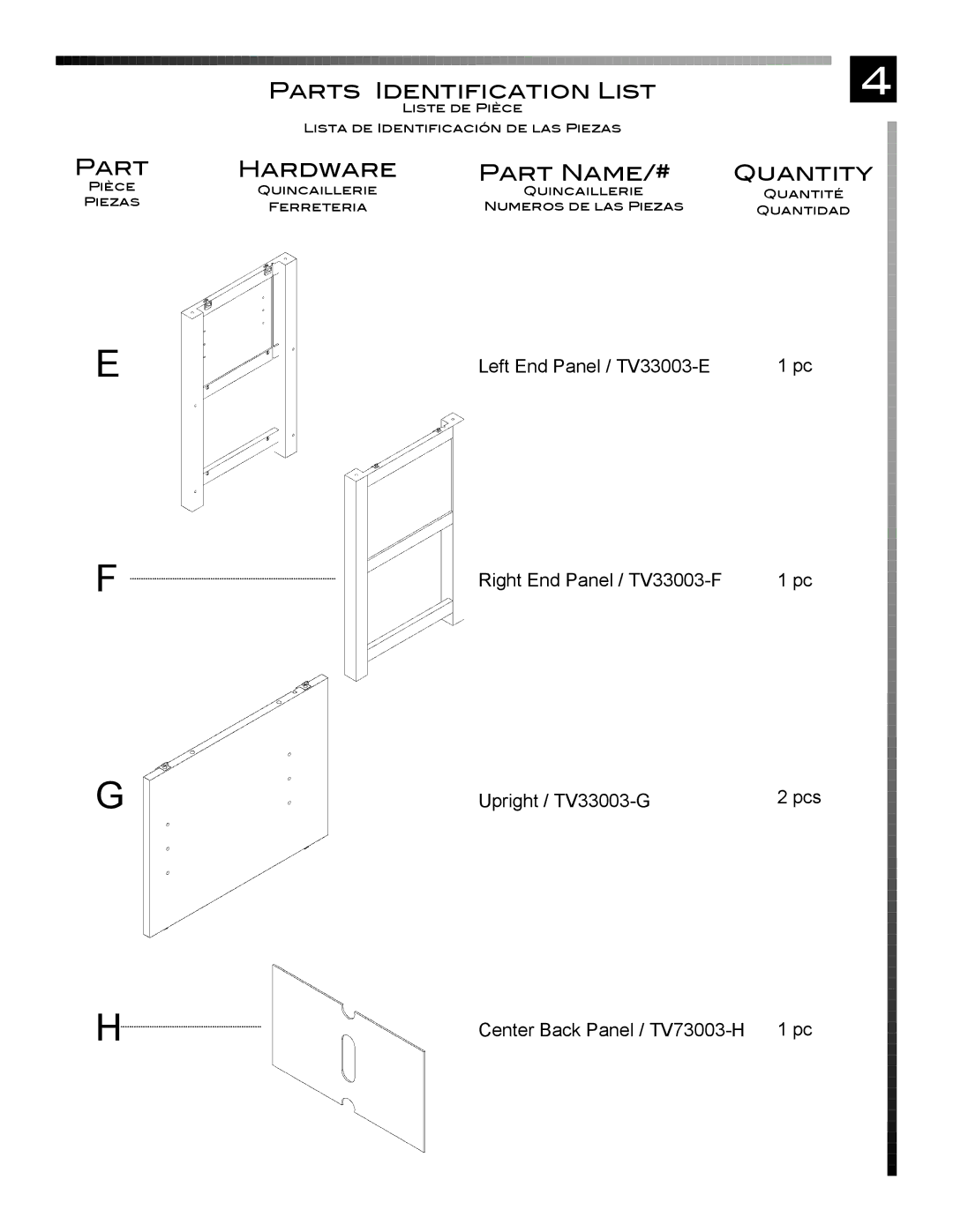 Pinnacle Design TV33003 manual Pcs Center Back Panel / TV73003-H 1 pc 