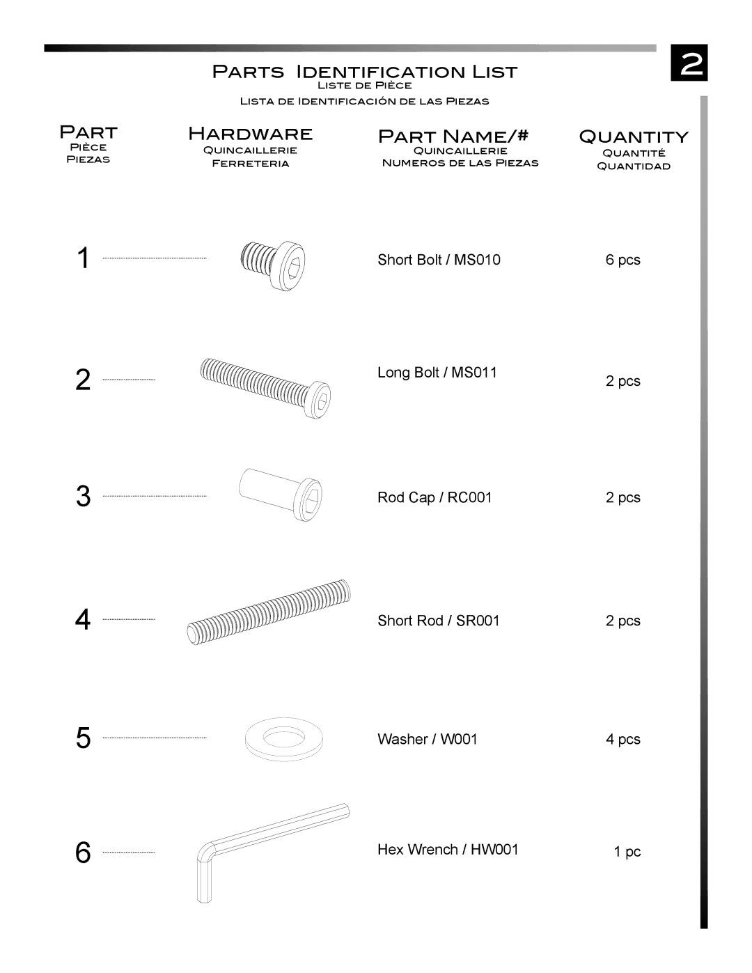 Pinnacle Design TV50201R manual Parts Identification List, Hardware Part Name/#, Quantity 