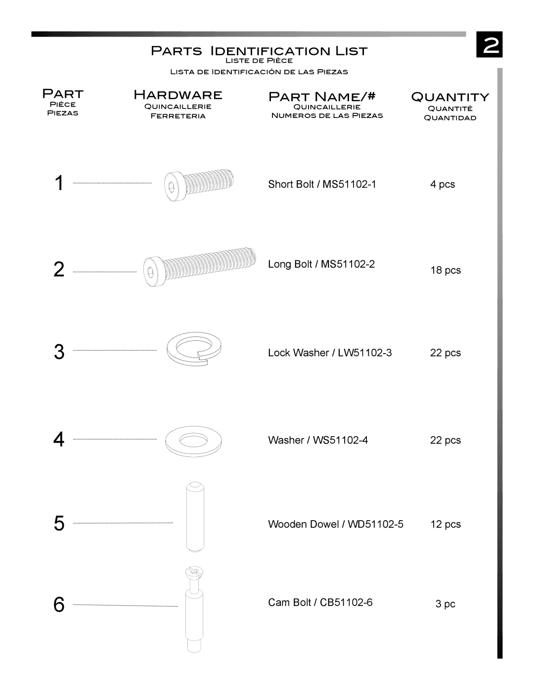 Pinnacle Design TV51102 manual Parts Identification List, Hardware, Part Name/#, Quantity 