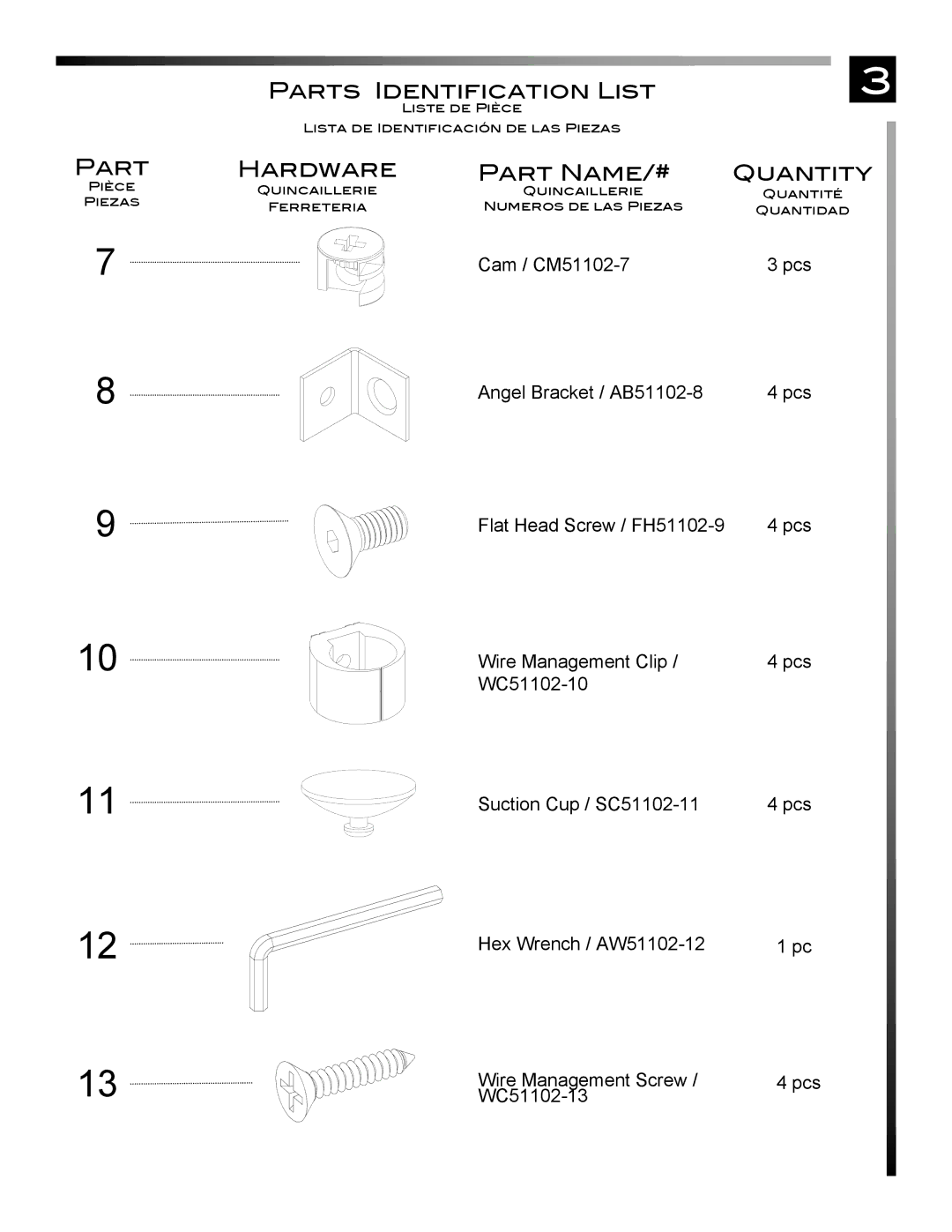 Pinnacle Design TV51102 manual Pcs Wire Management Screw WC51102-13 