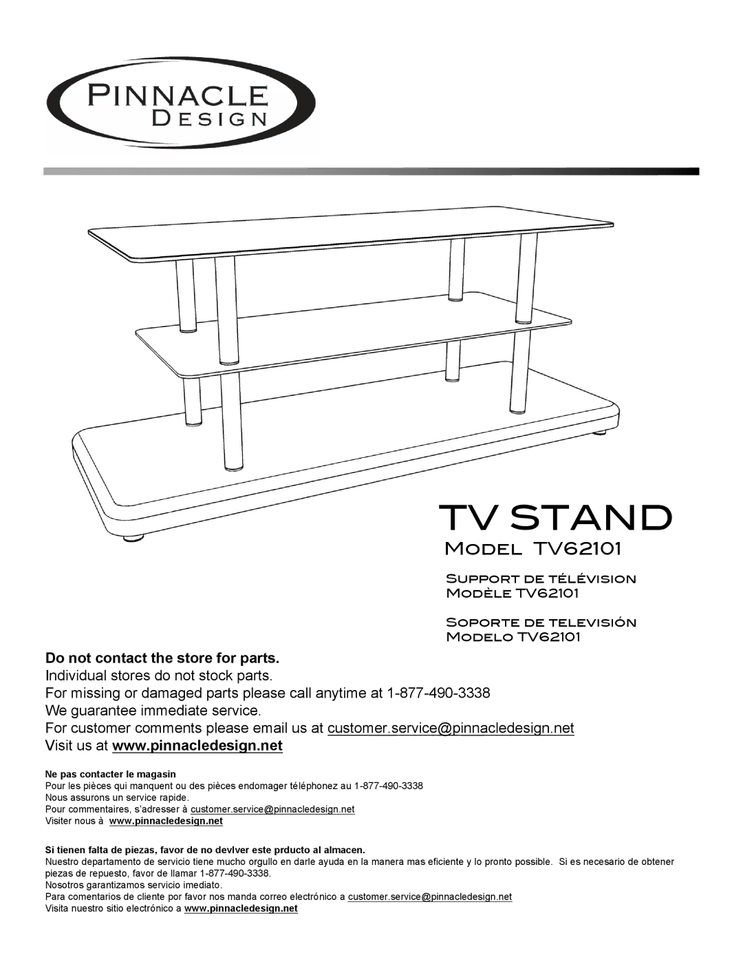 Pinnacle Design manual Model TV62101, Ne pas contacter le magasin 