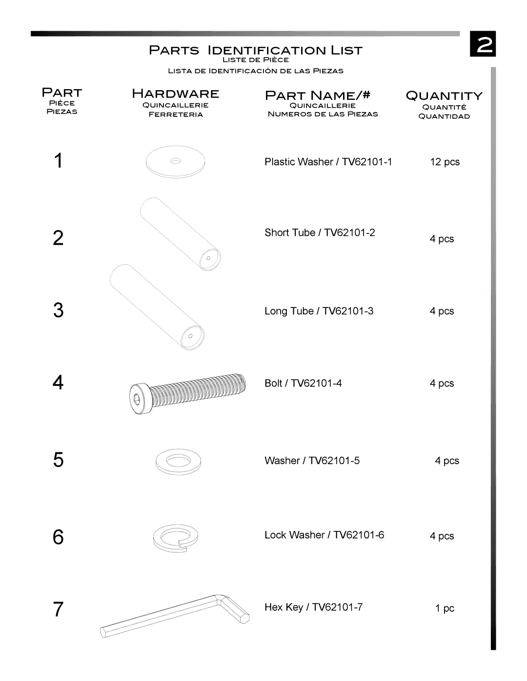 Pinnacle Design TV62101 manual Parts Identification List, Hardware Part Name/#, Quantity 