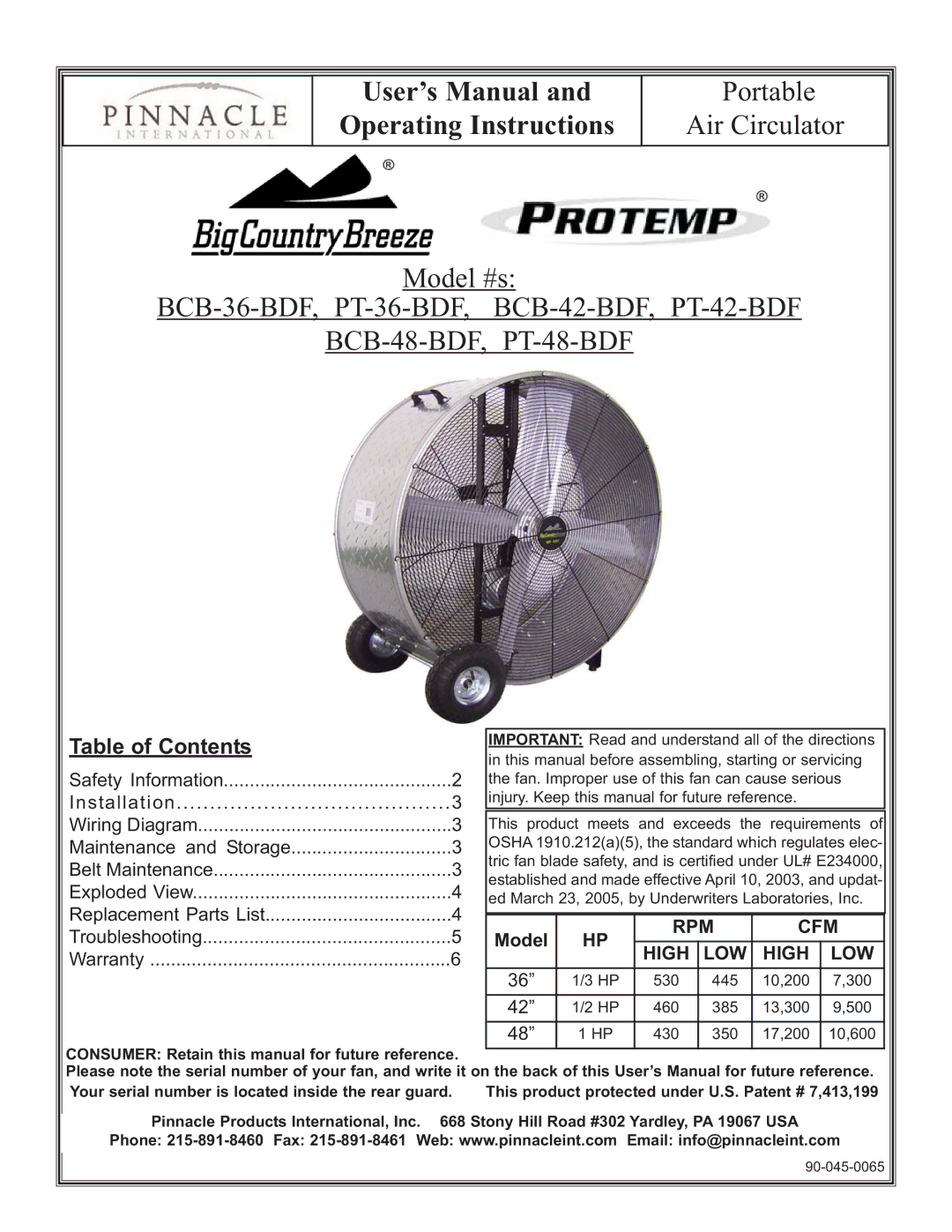 Pinnacle Products International PT-36-BDF, PT-42-BDF user manual User’s Manual Operating Instructions, Table of Contents 