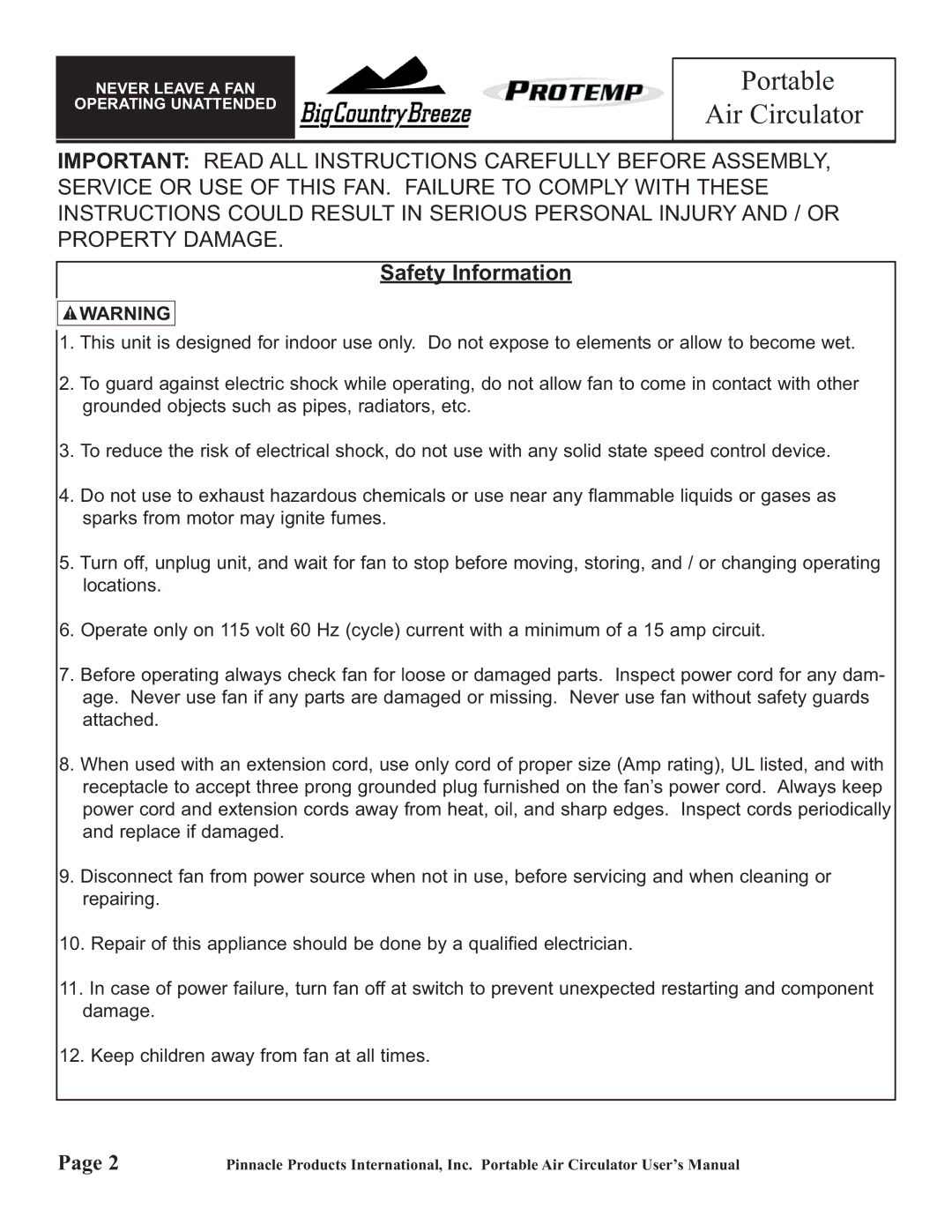 Pinnacle Products International BCB-36-BDF, PT-42-BDF, PT-36-BDF, BCB-42-BDF Portable Air Circulator, Safety Information 