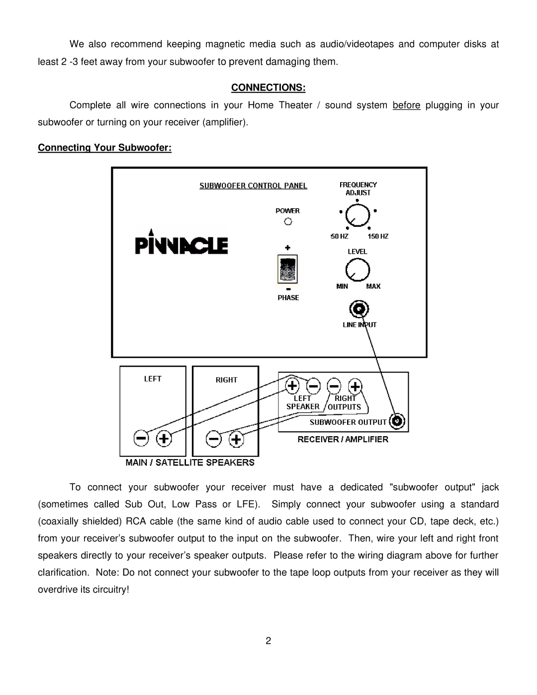 Pinnacle Speakers 225, 125, 200 owner manual Connections, Connecting Your Subwoofer 