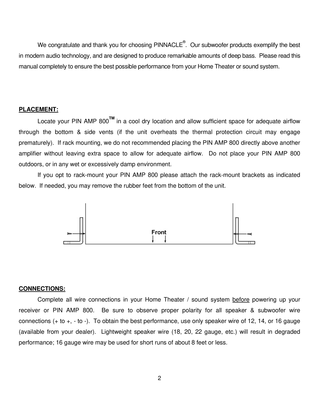 Pinnacle Speakers 800 owner manual Placement, Connections 